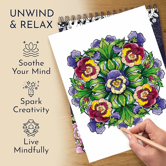 RYVE Mandala Coloring Book for Adults - 50 Unique Mandalas for Relaxation & Stress Relief - Spiral Coloring Book for Adults, Relax and Mindfulness Gifts for Women and Men, Spiral Bound
