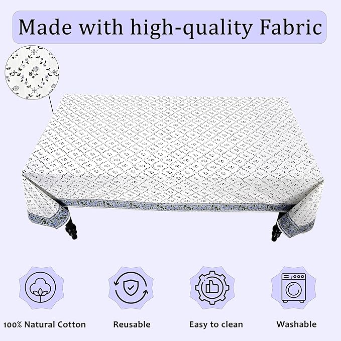 Ridhi Hand Block Print Powder Blue Rectangle Cotton Tablecloth 118" x 70" Reusable Table Cover Decorative Everyday Use for Dining, Farmhouse, Home Gift for Spring, Easter, Valentine