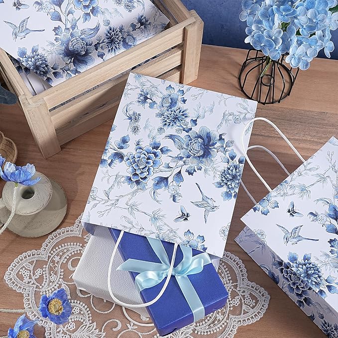 Loveinside Blue and White Flower Paper Gift Bag, Vintage Floral Deisgn with Handles Grocery Shopping Bags Candy Goodie Bags for Birthday, Wedding, Spring, Mother's Day, 8" x 4" x 10", 12 Pcs