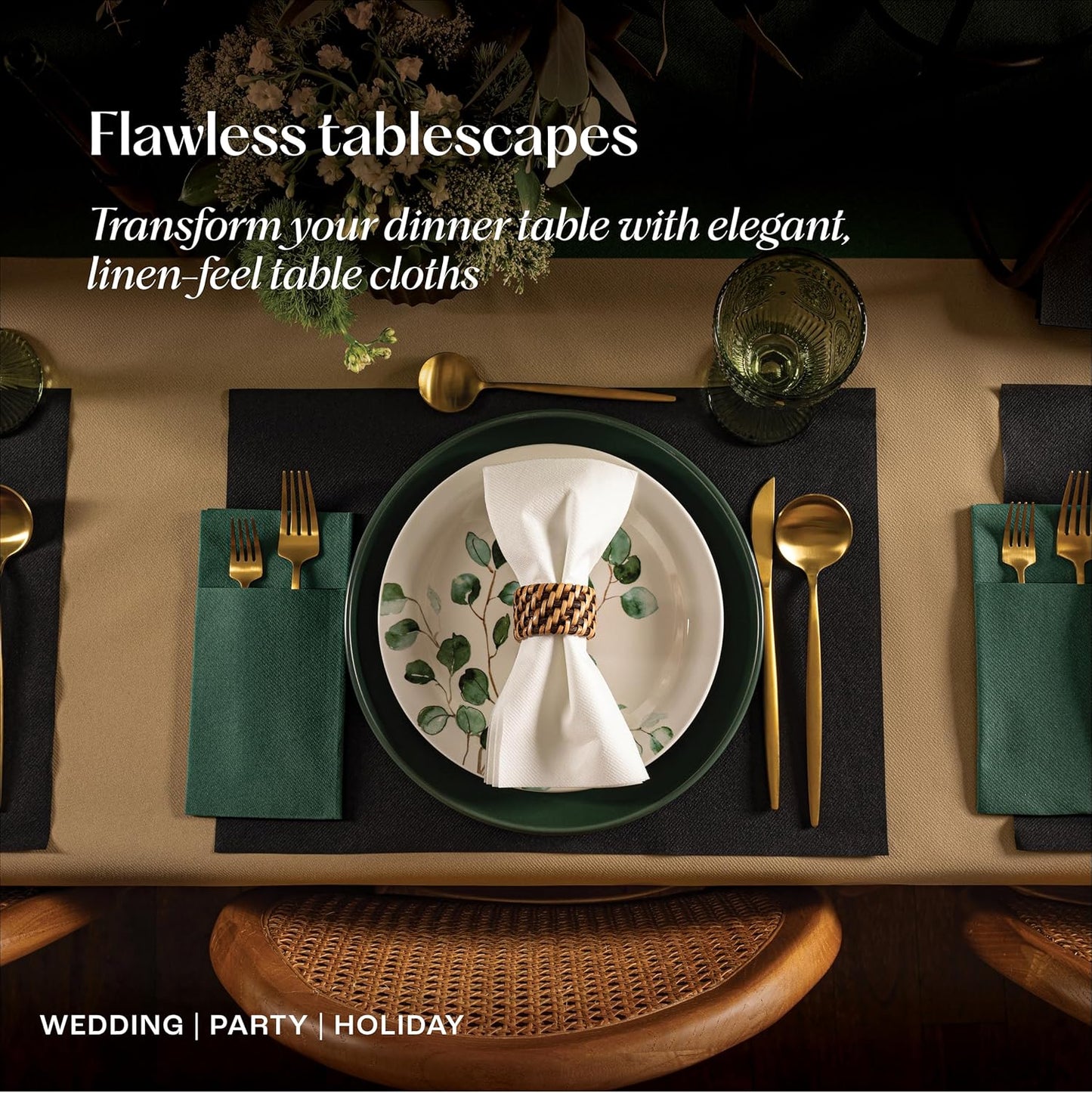 Disposable Tablecloth for Rectangle Table, Linen-Like Black Paper Tablecover for Dining Table, Party, Wedding Or Event, 55" W x 80 ft L