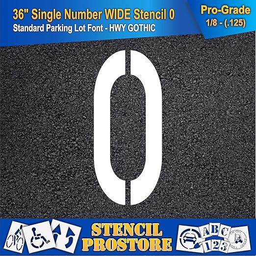 Pavement Stencils - 36 inch Single Number Stencil (Wide) - 0-36" x 16" x 1/8" (128 mil) - Pro-Grade