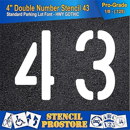 Pavement, Curb, and WheelStop Stencils - 4 inch Double Number Stencil - (43) - 4" x 5.5" x 1/8" (128 mil) - Pro-Grade