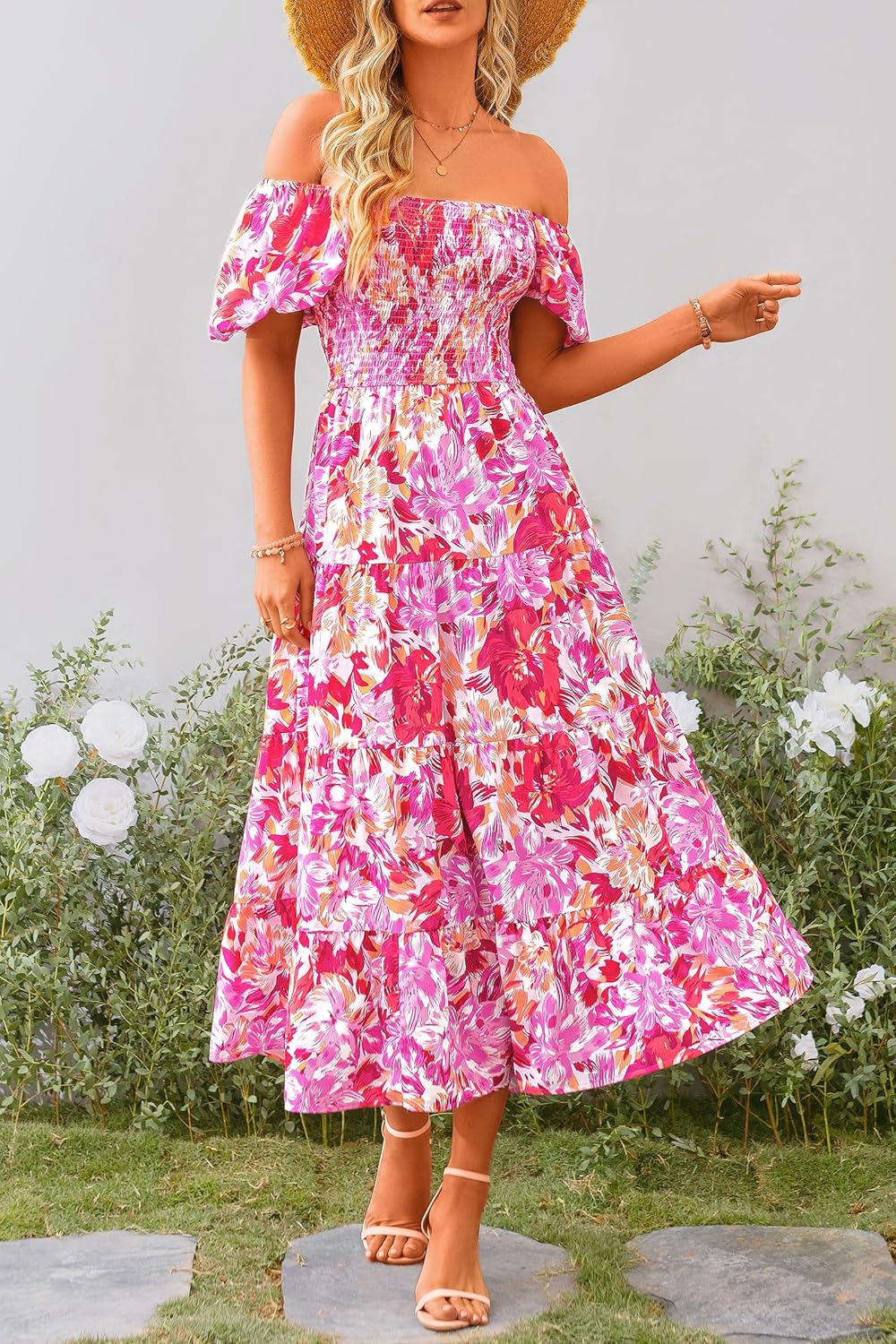 PRETTYGARDEN Women's Casual Summer Midi Dress Puffy Short Sleeve Square Neck Smocked Tiered Ruffle Dresses
