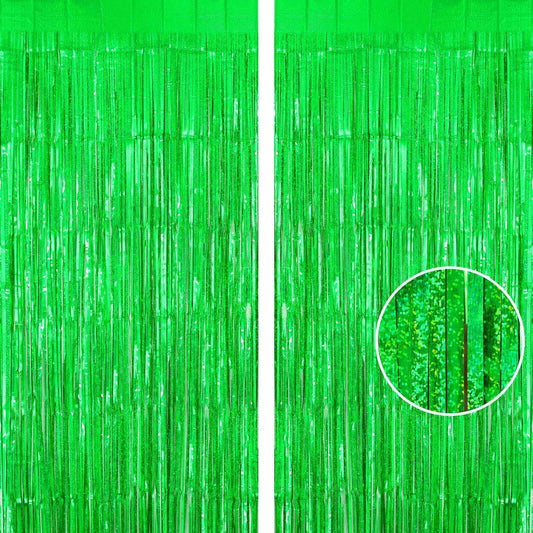 Green Tinsel Foil Fringe Curtain Backdrop, 3.3 x 8.2 ft Metallic Glitter Curtain Streamers, 2 Pack Green Photoboth for Birthday St Patrick's Day Christmas Party Decorations
