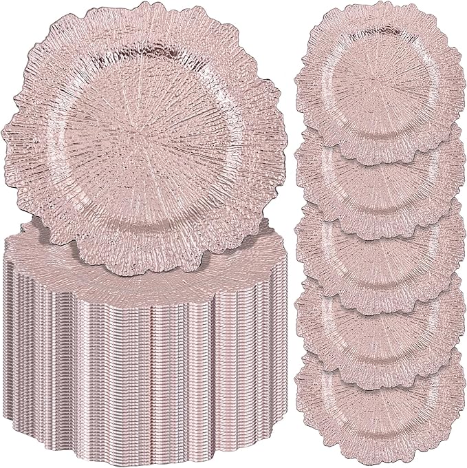 Pesonlook 50Pcs Rose Gold Charger Plates Round 13inch, Reef Plate Chargers for Dinner, Bulk Plastic Floral Table Plates for Dinner Wedding Party Event Table Setting Decoration(Rose Gold)