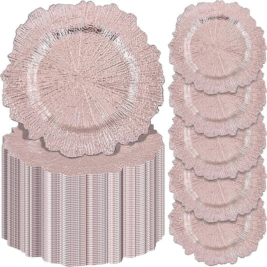 Pesonlook 50Pcs Rose Gold Charger Plates Round 13inch, Reef Plate Chargers for Dinner, Bulk Plastic Floral Table Plates for Dinner Wedding Party Event Table Setting Decoration(Rose Gold)