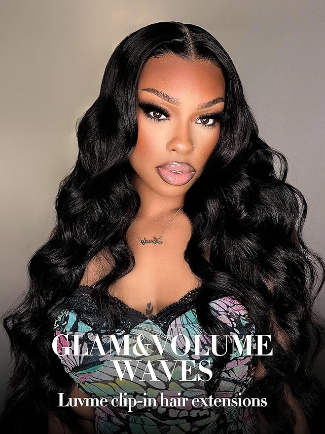 LUVME Hair Extensions Real Human Hair, Natural Black 135g 7pcs 20 Inch, Seamless Clip in Hair Extensions Human Hair Clip ins Body Wavy Hair