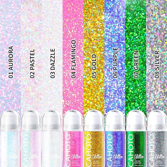 CAHOTO Gold Rolling Glitter for Face Body & Hair, Sparkling Holographic Chunky Shimmer, Roll-on Sequins for Singer Concert Mardi Gras Rave Festival Halloween Party Carnival, 1.35fl.oz