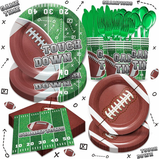 Football Party Supplies Tableware - Super Bowl Football Party Decorations Set, Include Dinner Plates, Cups, Napkins, Cutlery, for Touchdown Boys Super Bowl Party Supplies | 24 Guests