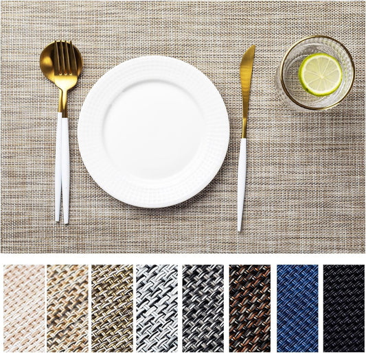 LEXMORE Placemats Set of 6 Vinyl/Plastic Woven Place Mats for Kitchen Table Indoor/Outdoor Washable Placemat Wipeable Dining Table Mats(A-Caramel)
