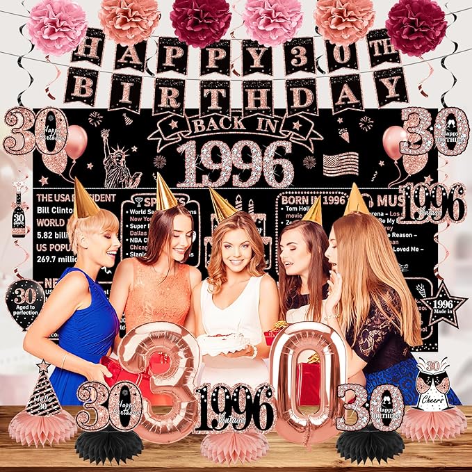 Zirtorei 30th Birthday Decorations for Women, 21pcs the Year 1996 Banner Balloon Party Supplies, Rose Gold 30 Year Old Birthday Backdrop, 30 Bday Honeycomb Centerpiece Hanging Swirls Sash Gifts