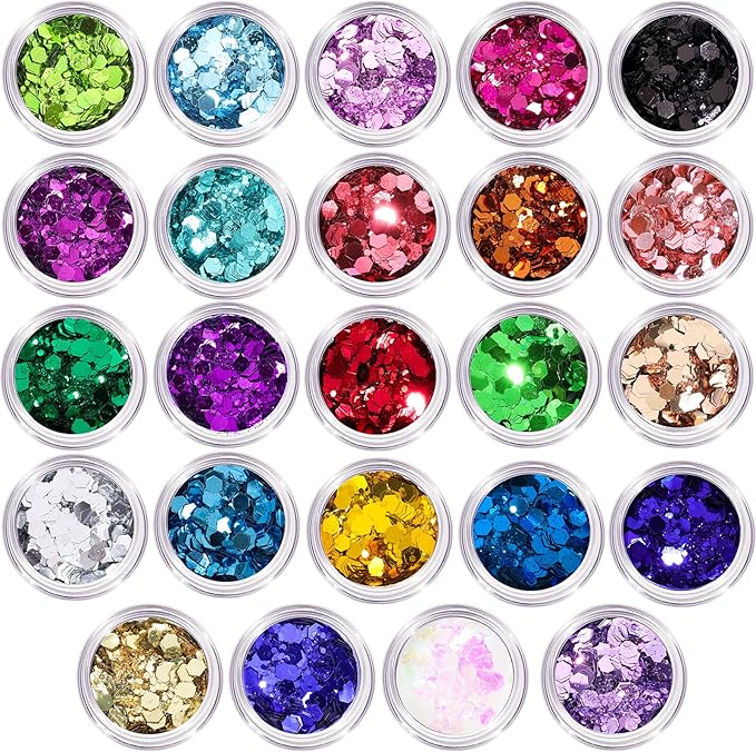 LEOBRO Chunky Glitter, 24 Colors Glitter for Crafts, Resin, Sequins for Crafts, Hair Body Face Makeup Nail, DIY Party Decorations, Solid Color