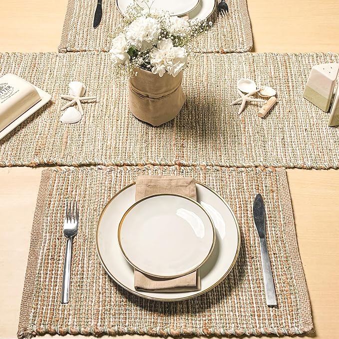 Chardin Home Natural Jute & Sage Green-White Placemats, Set of 4 – Rustic Handmade Boho Table Mats, 13x19 In Dining Table Placemats - Kitchen, Everyday Meals, Holidays, Farmhouse or Modern Table Décor