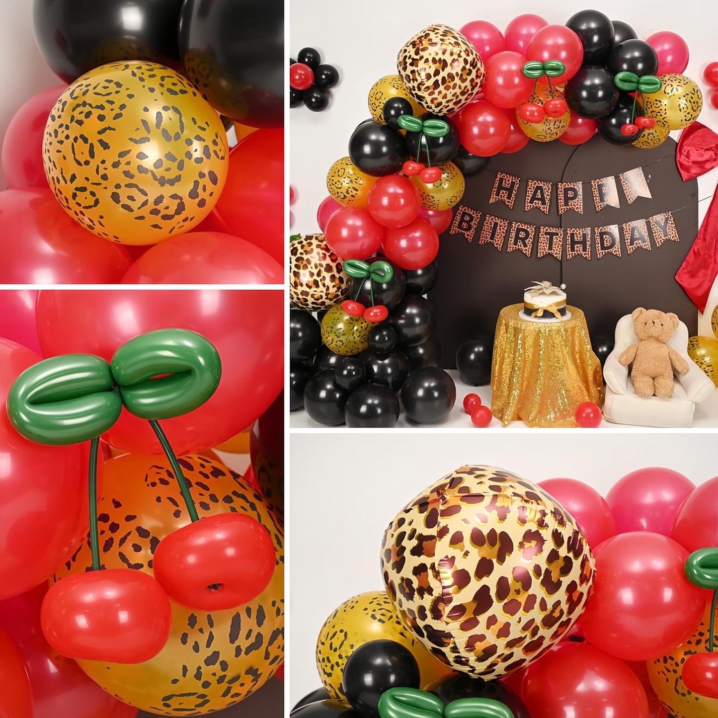 Red and Black Balloon Arch Kit with Cherry and Cheetah Print Foil Balloons, Cheetah and Cherry Birthday Decorations for Women, Red Leopard Party Decor, Baby Shower Bachelorette Girls Night Decorations