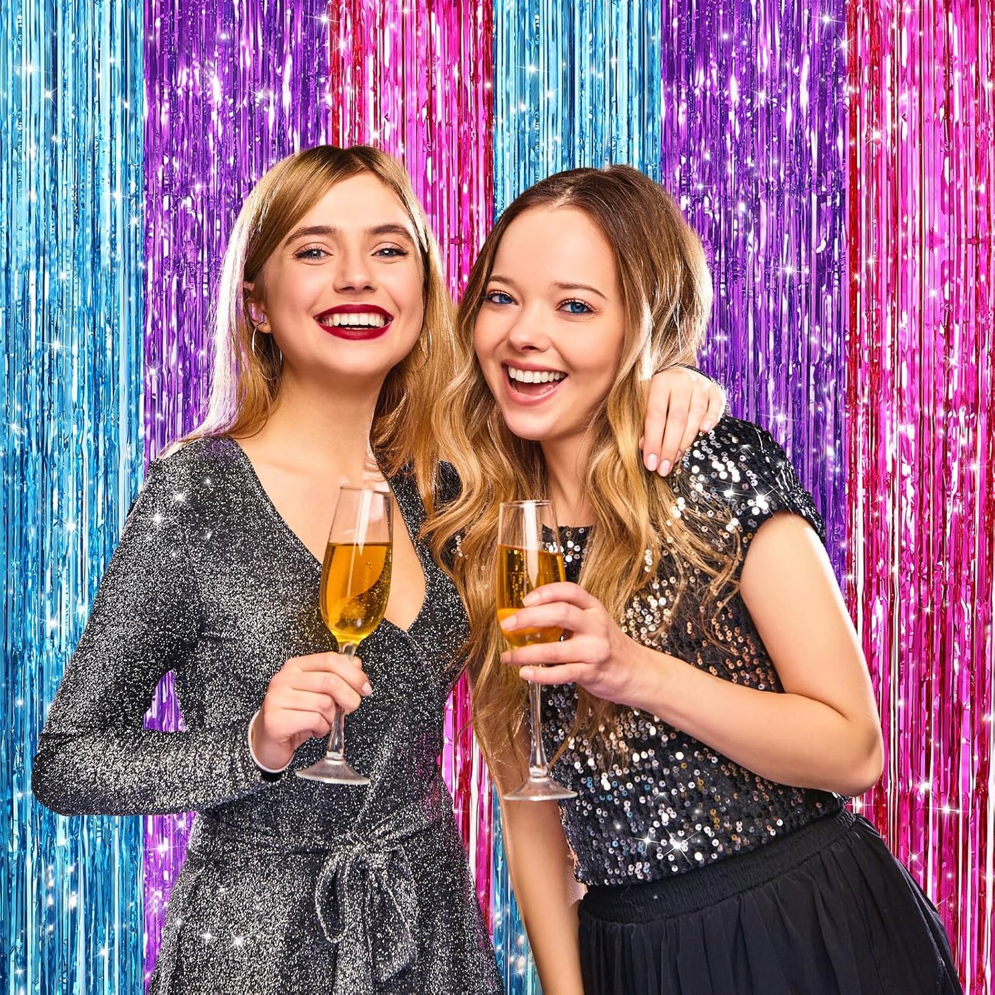 2 Pack Blue Purple Pink Metallic Tinsel Foil Fringe Curtains, Door Streamers Photo Booth Backdrop for Birthday Party, Tinsel Curtain Backdrop for Baby Shower Bachelorette Christmas Party Decorations