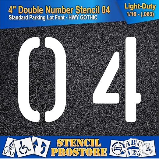 Pavement, Curb, and WheelStop Stencils - 4 inch Double Number Stencil - (04) - 4" x 5.5" x 1/16" (63 mil) - Light-Duty