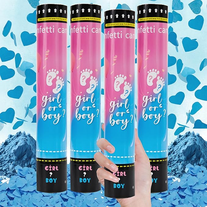 Crisky Gender Reveal Confetti Cannon Heart Shaped Confetti Poppers 4 Pack (Blue) for Baby Shower Baptism Party Cannons Shooter Blaster