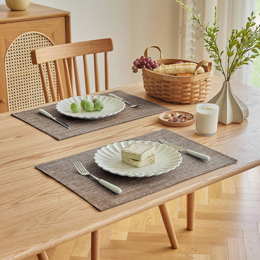 Softalker Faux Linen Placemats Set of 12-12 x 18 Inch, Heat Resistant Double Layered Durable Burlap Farmhouse Place Mats, Non-Slip Washable Table Mats for Dining, Kitchen, Party,Natural Linen