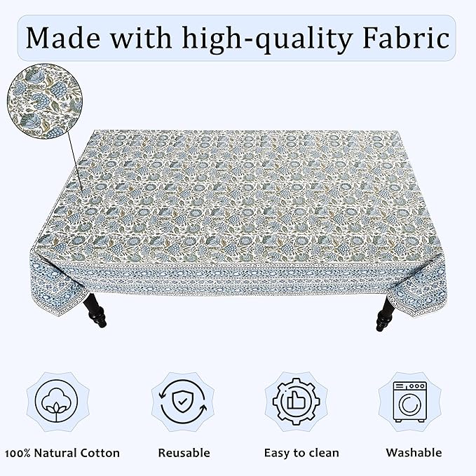 Ridhi Hand Block Print Asparagus Green Rectangle Cotton Tablecloth 118" x 70" Reusable Table Cover Decorative Everyday Use for Dining, Farmhouse, Home Gift for Spring, Easter, Valentine