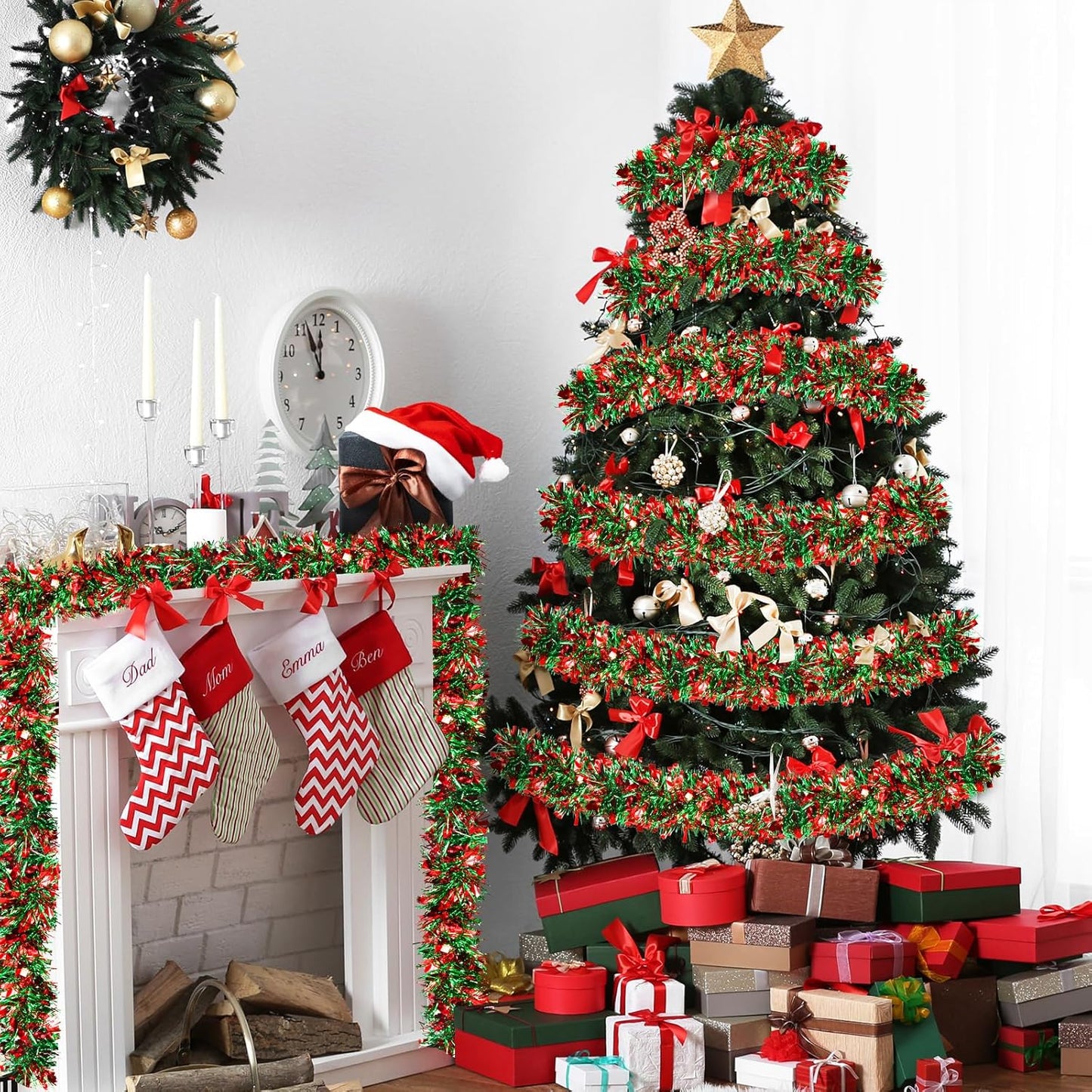 50 Feet Christmas Tinsel Garland Metallic Tinsel Garland Christmas Tree Decorations for Christmas Indoor and Outdoor Decor (Green and Red)