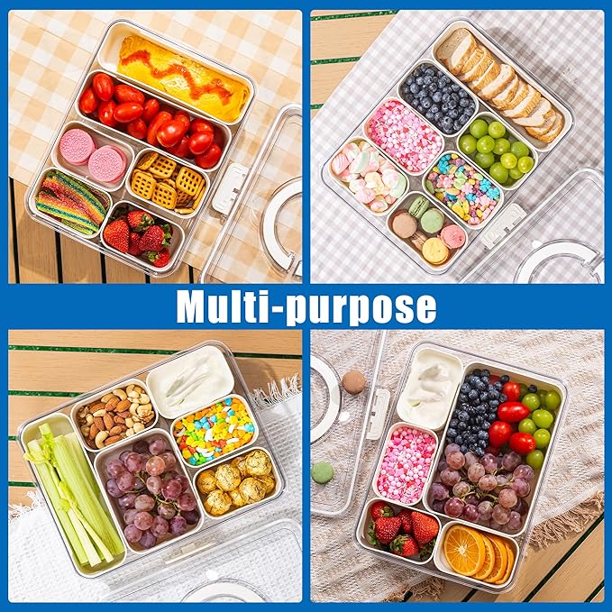 Bandesun Divided Serving Tray with Lid and Handle - Snackle Box Charcuterie Container for Portable Snack Platters - Perfect for Party, Entertaining - Clear Organizer for Candy, Fruits, Nuts, Snacks