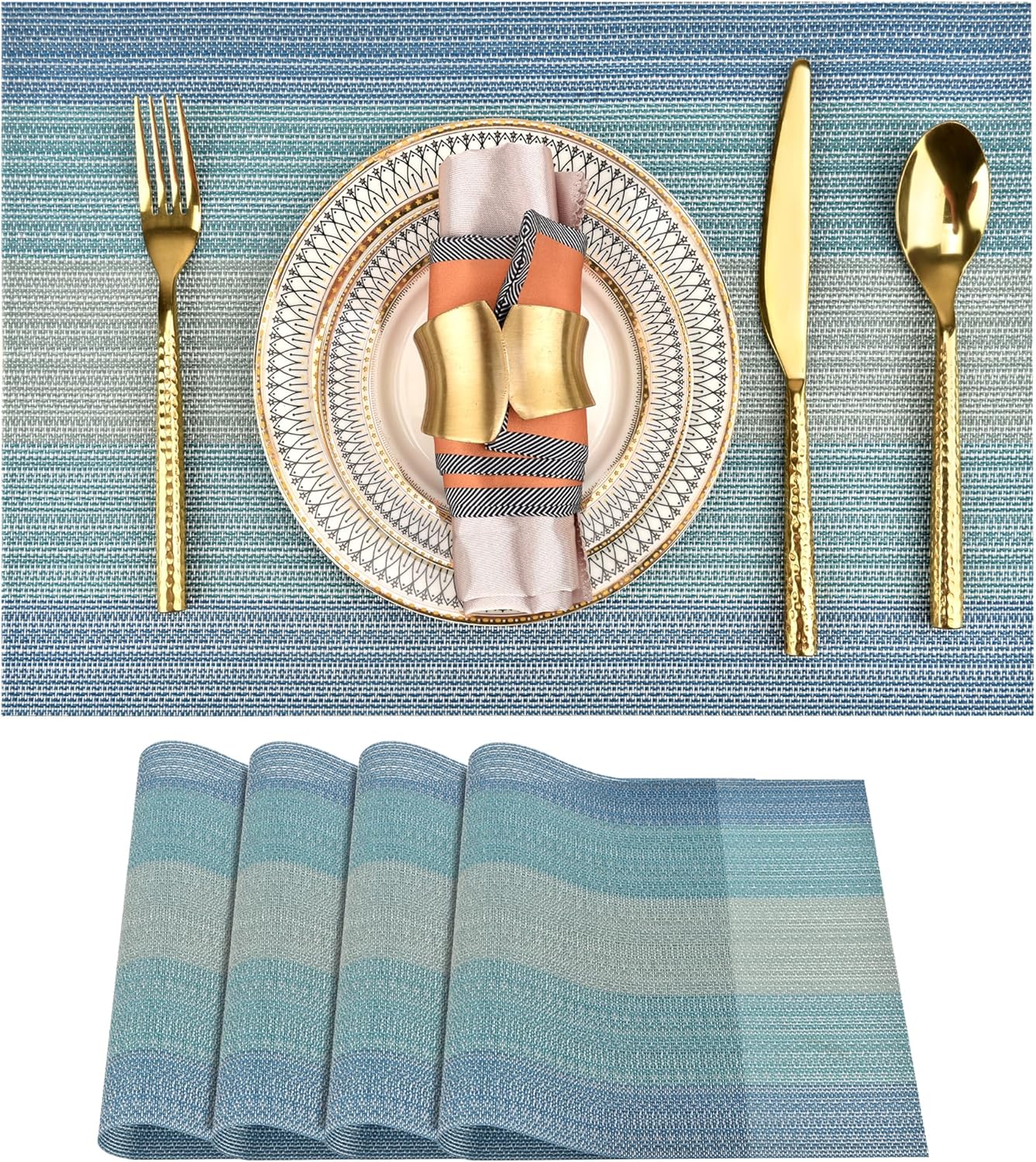 SLKQG Placemats Set of 4 - Easy Clean Washable Vinyl Placemats - Wipeable Heat Resistant Table Mats for Dining Table - 17.7x11.8 Inch (4, Blue Gradient)
