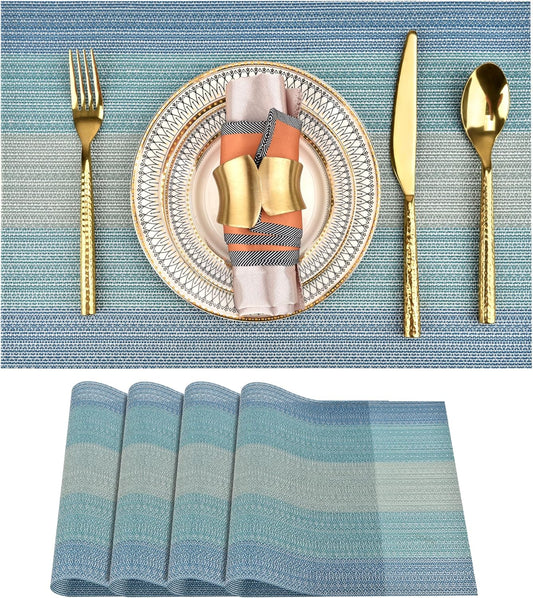 SLKQG Placemats Set of 4 - Easy Clean Washable Vinyl Placemats - Wipeable Heat Resistant Table Mats for Dining Table - 17.7x11.8 Inch (4, Blue Gradient)