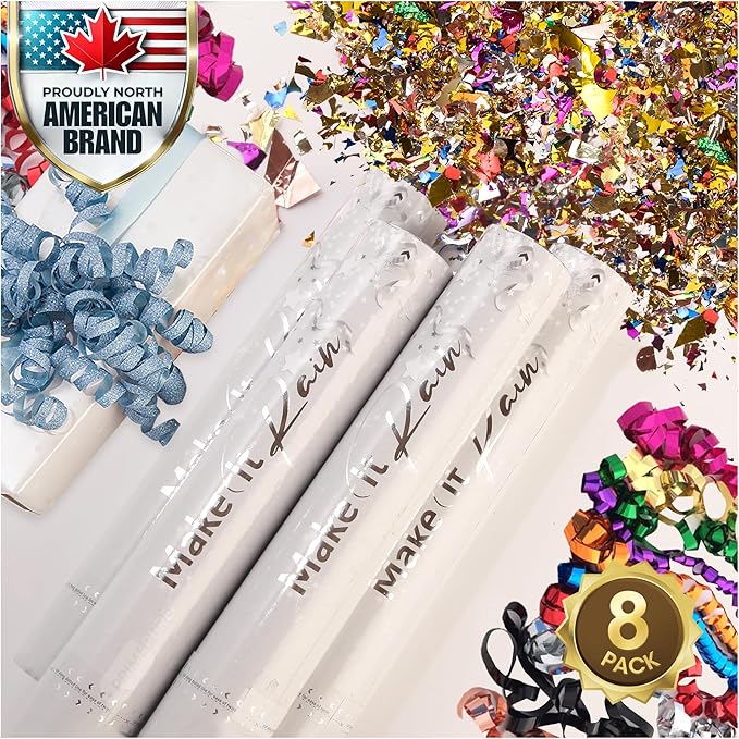 PrimePure Confetti Cannon Party Poppers - Metallic Foil Multicolor Confetti Poppers & Streamers - 8 Pack - Party Cannon Glitter Bomb Pop Gun for Birthday, Graduation, Celebration, Pranks
