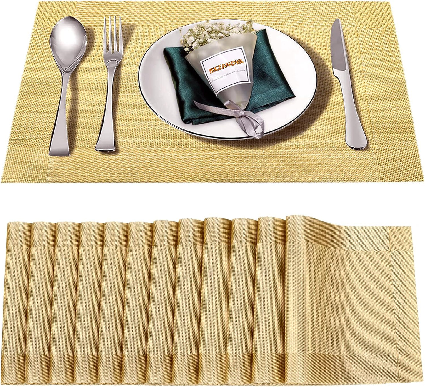 Placemats Set of 12,Washable,Heat and Stain Resistant Indoor/Outdoor Place mats,Vinyl Woven Non Slip Table Mats for Restaurant Table Protection,PVC Placemats(Gold 12PCS)