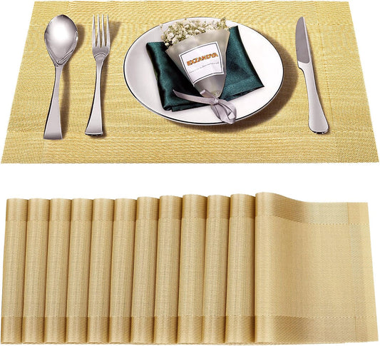 Placemats Set of 12,Washable,Heat and Stain Resistant Indoor/Outdoor Place mats,Vinyl Woven Non Slip Table Mats for Restaurant Table Protection,PVC Placemats(Gold 12PCS)