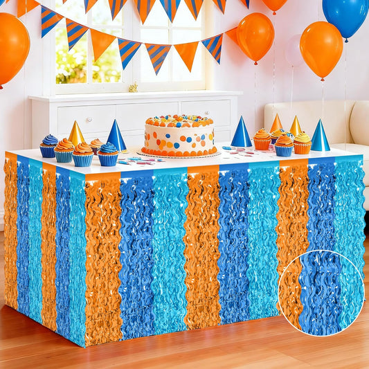 2 Pack Table Skirt, Blue Orange Grass Skirt for Table, Metallic Wavy Tinsel Foil Fringe Desk Skirts, Blue Orange Foil Table Skirt for Birthday Indoor Party Decorations