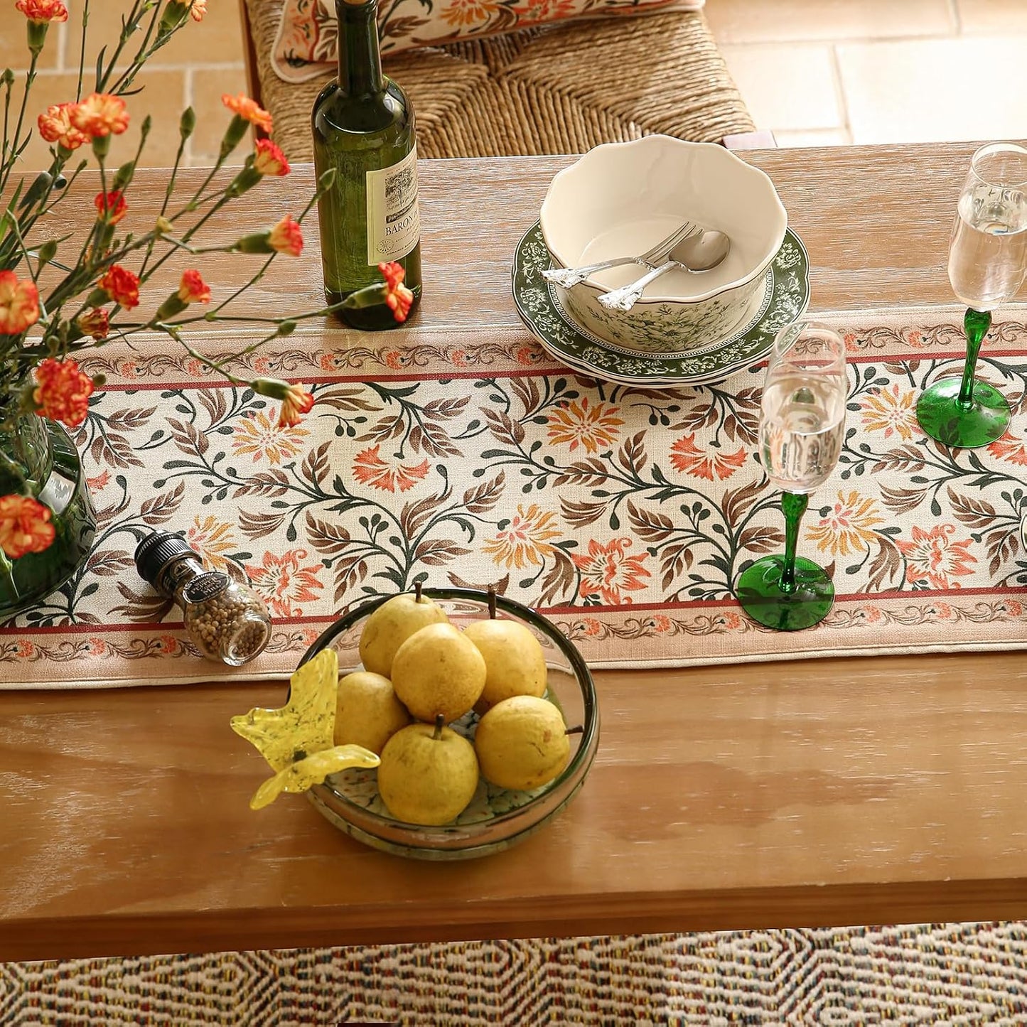 ISAENNE Designer French Elegant Linen Table Runner 71 Inches Long,Farmhouse Lily Pattern Decor Table Runners for Dining Tables,Thanksgiving,Kitchen Tables,Christmas,12"*71"-Aurora A