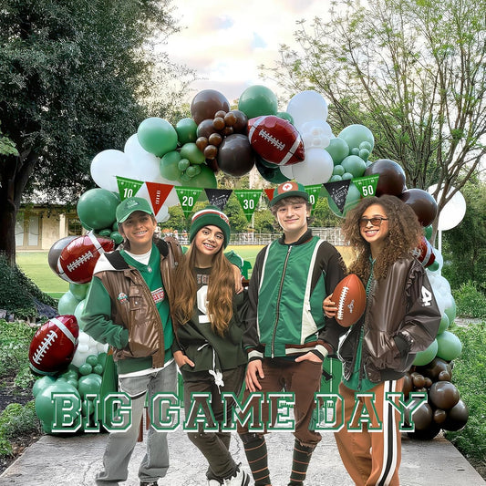 Football Balloon Garland Arch Kit Sage Green and Brown Balloons with Football Foil Balloon Game Day banner for Touch Down Rugby Super Bowl Sport Theme Party Decorations
