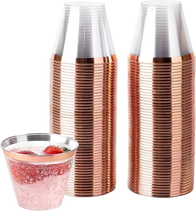 PLASTICPRO 9 oz Disposable Plastic Party Cups,Old fashioned Designed Tumblers, Crystal Clear (Clear With Rose Gold Rim, 200)