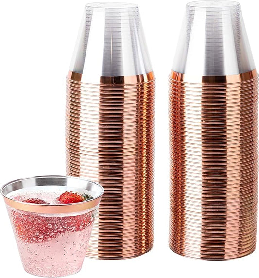 PLASTICPRO 9 oz Disposable Plastic Party Cups,Old fashioned Designed Tumblers, Crystal Clear (Clear With Rose Gold Rim, 200)