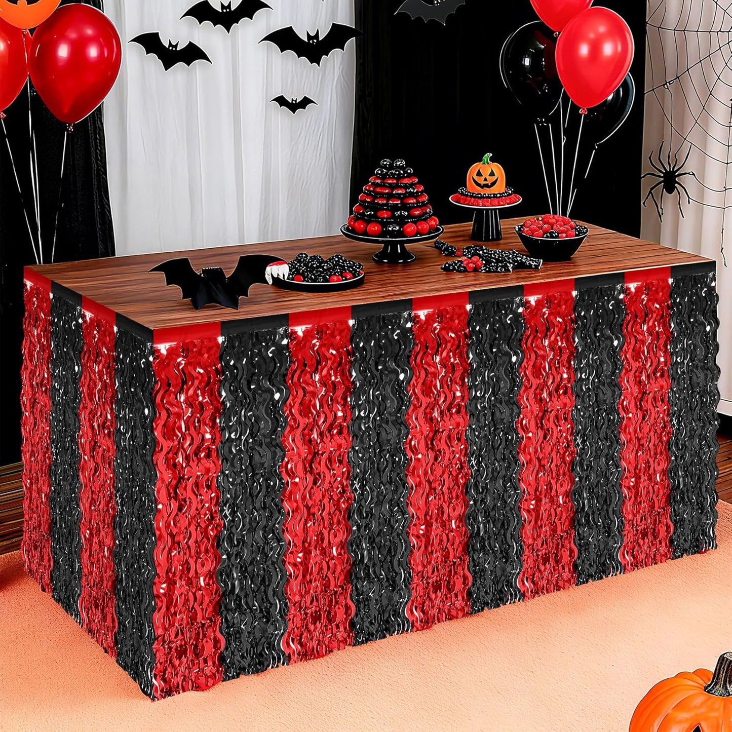 2 Pack Desk Skirt, Black Red Desk Grass Skirt for Table, Halloween Metallic Wavy Tinsel Foil Fringe Table Skirts, Foil Table Skirt for Halloween Graduations Birthday Indoor Party Decorations