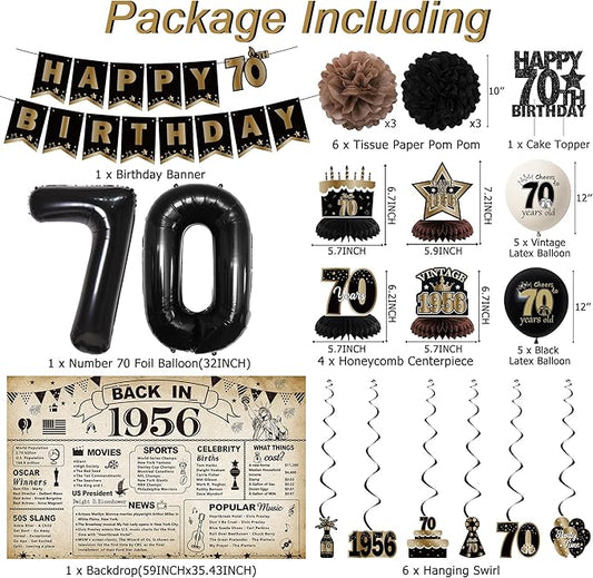 DARUNAXY 70th Birthday Party Decorations for Men Women, Vintage Back in 1956 Banner, Black 70 Number Balloons & Cake Topper, Vintage 1956 70 Birthday Honeycomb Hanging Swirl Confetti Balloons(30PC)