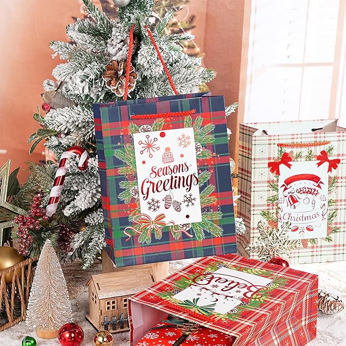 Loveinside Christmas Gift Bags Set, Gold Foil Holiday Wreath & Plaid Design, Medium Size Bags with Handle, Tissue Paper for Christmas Gifts & Party Favors, 4 Pack, 7" X 4" X 9"