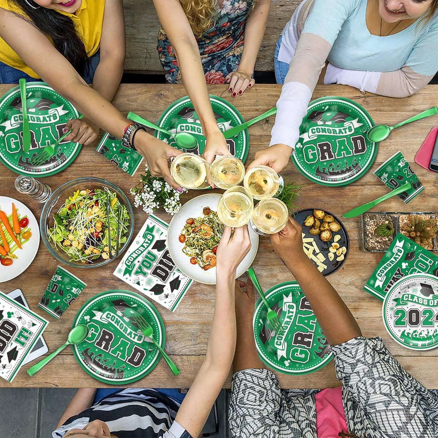 Graduation Decorations Class of 2025 - Graduation Party Supplies 2025 Include Plates, Cups, Napkins, Cutlery, 24 Guests (Green)