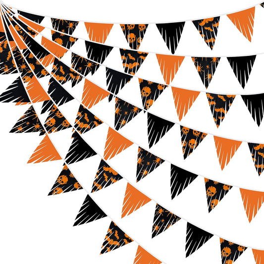 32Ft Orange Black Pennant Banner Spider Skull Bats Fabric Triangle Flag Bunting Garland Streamers Halloween Party Decoration for Halloween Birthday Thanksgiving Wedding Home Outdoor Party Supplies