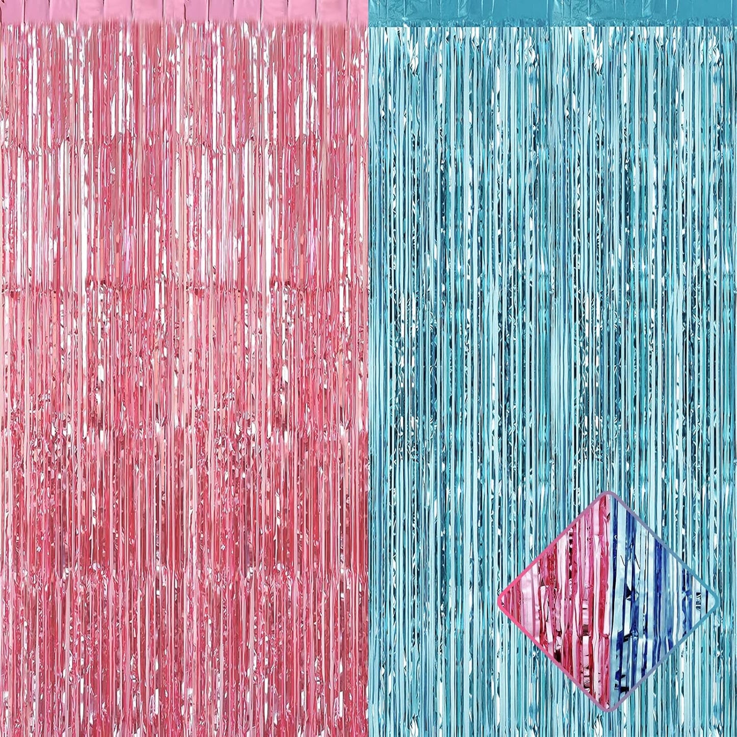 4 Pack 3.2Ft x 6.6Ft Pink Blue Foil Fringe Curtain Backdrop, Metallic Tinsel Foil Fringe Streamers Curtains Background for Photo Booth, Gender Reveal Backdrop Boy or Girl Birthday Party Decoration