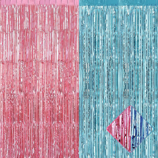 4 Pack 3.2Ft x 6.6Ft Pink Blue Foil Fringe Curtain Backdrop, Metallic Tinsel Foil Fringe Streamers Curtains Background for Photo Booth, Gender Reveal Backdrop Boy or Girl Birthday Party Decoration