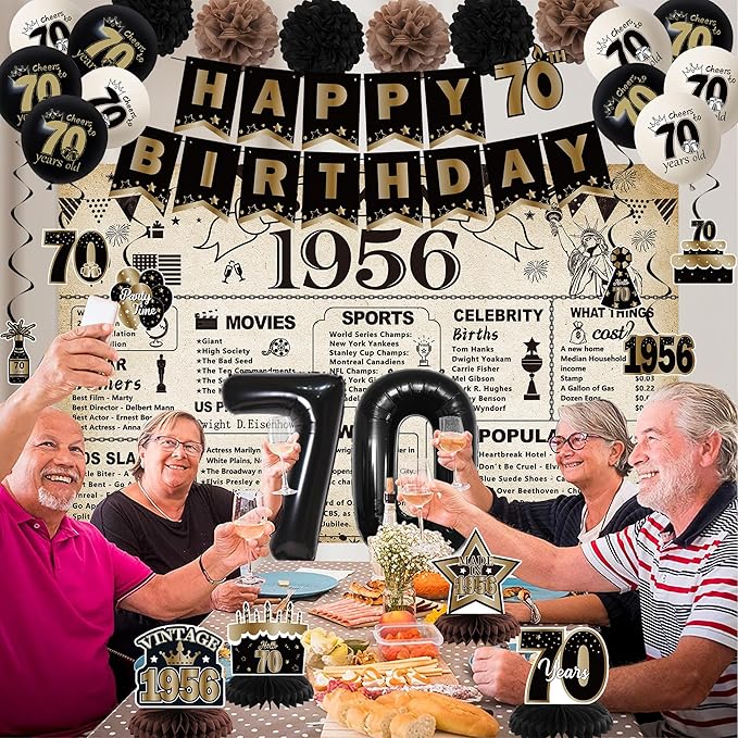 DARUNAXY 70th Birthday Party Decorations for Men Women, Vintage Back in 1956 Banner, Black 70 Number Balloons & Cake Topper, Vintage 1956 70 Birthday Honeycomb Hanging Swirl Confetti Balloons(30PC)
