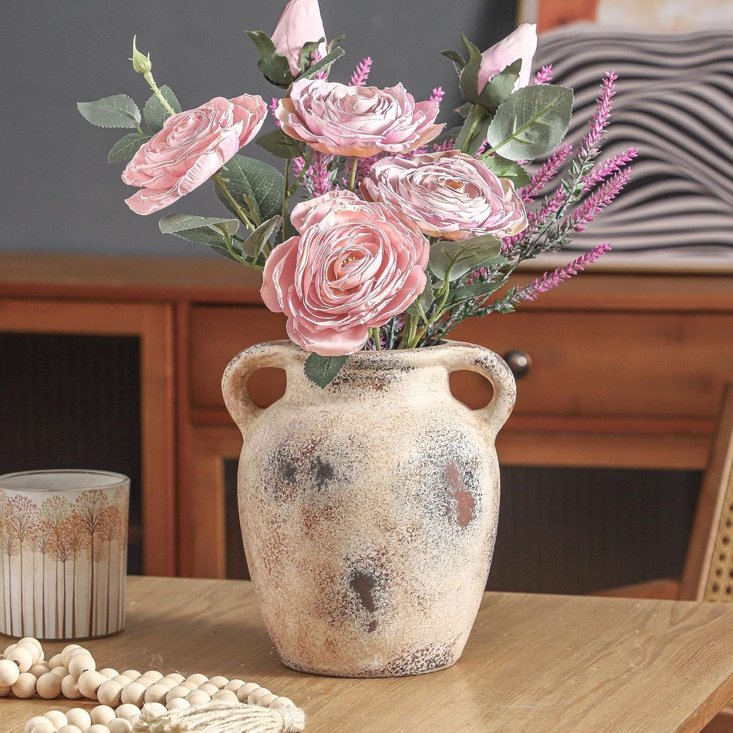 Enra Rustic Farmhouse Vase with Handle,7.8 Inch Pottery Decorative Flower Vase for Home Decor,Large Vintage Terracotta Vase for Table, Living Room, Bathroom Decoration, Shelf Decor, Mantel