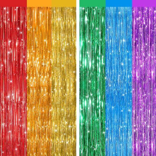 2 Pack Rainbow Metallic Tinsel Foil Fringe Curtains, Door Streamers Photo Booth Backdrop for Birthday Party, Tinsel Curtain Backdrop for Baby Shower Bachelorette Christmas Party Decorations