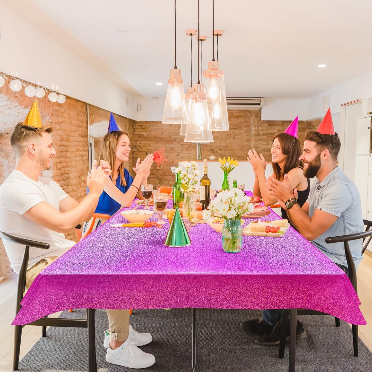 2 Pcs Fuchsia Red Holographic Plastic Tablecloths Laser Table Covers 40" x 108" Foil Disposable Table Cloths for Themed Birthday Party Wedding Christmas Holiday Party Decorations
