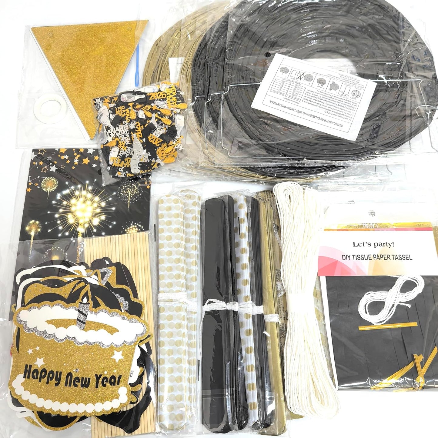 2026 New Years Eve Party Decorations Set, 62 Pieces, Black and Gold Banner, Triangle Flags, Paper Lanterns, Tassels, Photo Props
