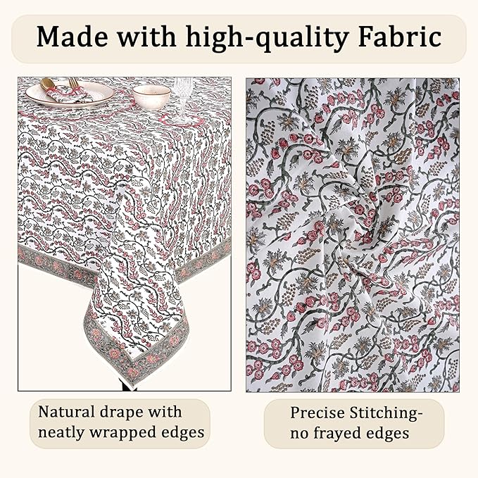 Ridhi Hand Block Print Coral Pink Rectangle Cotton Tablecloth 190" x 72" Reusable Table Cover Decorative Everyday Use for Dining, Farmhouse, Home Gift for Spring, Easter, Valentine
