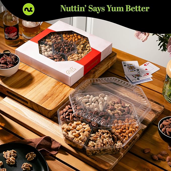 NUT CRAVINGS - Halloween Treats For Adults Mixed Nuts Gift Basket in Red Gold Box (7 Assortments, 1 LB) Holiday Xmas Christmas Food Arrangement, Healthy Snack Care Package, Food Assortments
