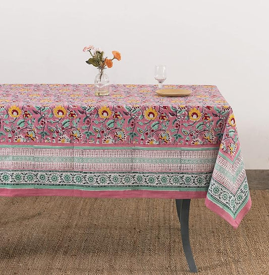 Labhanshi Indian Hand Block Print Table Cloth|French Floral 10 Seater 72x135 Inches Rectangle Cotton Table Cover|Spring Easter Patio Dining Tablecloth|Garden Tea Party Table Decor|Pink Sparkles
